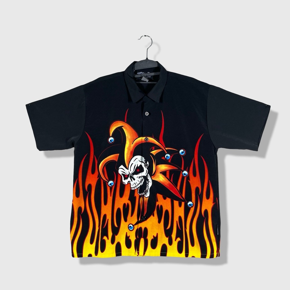 Silver Point Skull Jester Flame Shirt Kids Large Black Y2K Mall Goth Biker